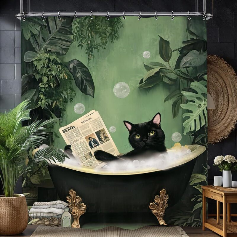 Funny Cat-Themed Retro Tropical Plant Leaf Pattern Polyester Fabric Shower Curtain for Bathroom Partition and Privacy Funny Cat-Themed Retro Tropical Plant Leaf Pattern Polyester Fabric Shower Curtain for Bathroom Partition and Privacy