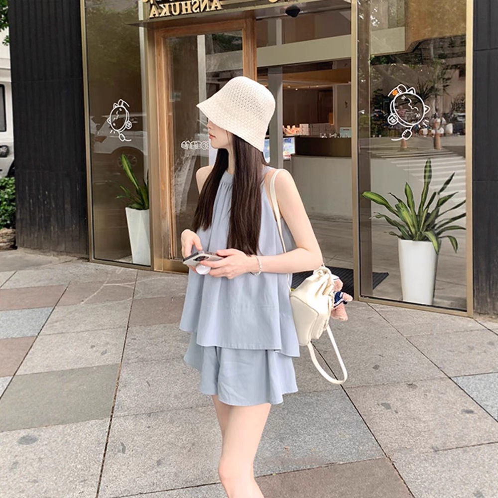 棉麻法式小个子时尚运动服套装女夏季洋气无袖上衣阔腿短裤两件套