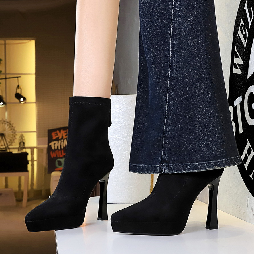 Chunky High Heel Platform Ankle Boots For Women Pointed Suede_voghion.com