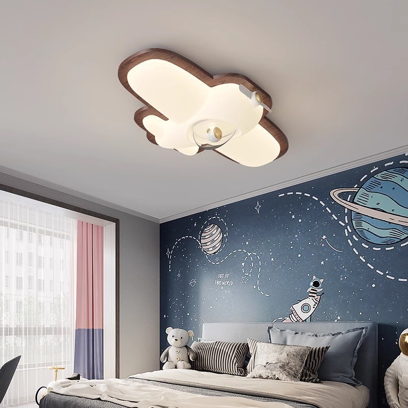 Lámpara de habitación para niños Lámpara de techo de protección ocular de espectro completo Lámpara de avión de dibujos animados minimalista creativa Lámpara de dormitorio de viento crema de troncos
