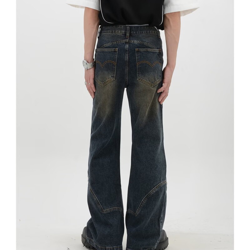 Cross-border American Retro Vibe Stitching Micro-lar Jeans Men's Summer Washed Straight cleanfit Wide-leg Pants Cross-border American Retro Vibe Stitching Micro-lar Jeans Men's Summer Washed Straight cleanfit Wide-leg Pants