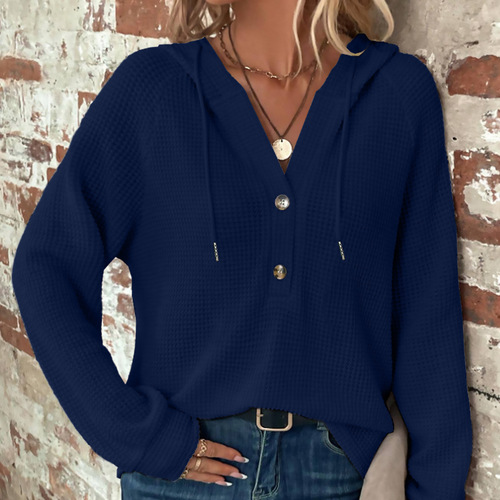 Pure Color Long-Sleeve V-Neck Top for Autumn and Winter Women, Hooded Button-Up Sweatshirt Jacket for Women