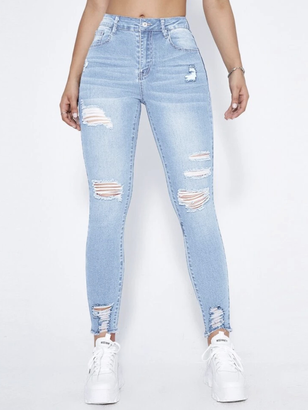 Jeans Ajustados para Mujer de Mezclilla de Algodón, Elástico, Cintura Alta, Roto