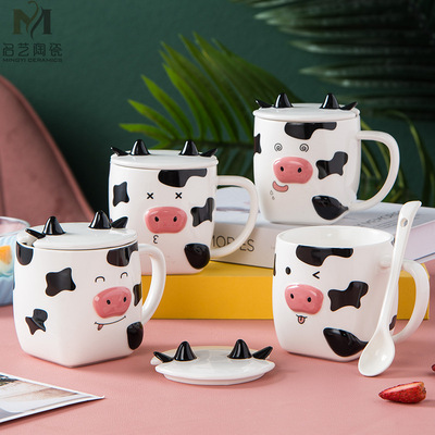 lovely Cartoon Dairy cow Expression Ceramic cup originality 3D Calf Ears Mug With cover men and women Couples Cup