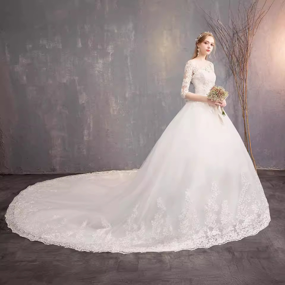 Vestido de novia 2026, nuevo estilo, de encaje, manga media, cola larga, estilo Hepburn, vestido principal de novia, venta al por mayor para exportación TD30.