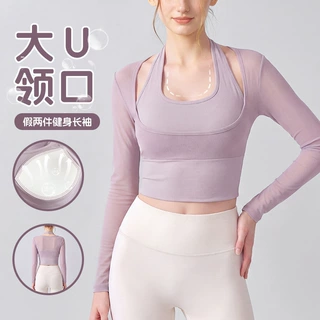 新款假两件挂脖瑜伽服女带胸垫长袖运动上衣外穿普拉提运动健身服