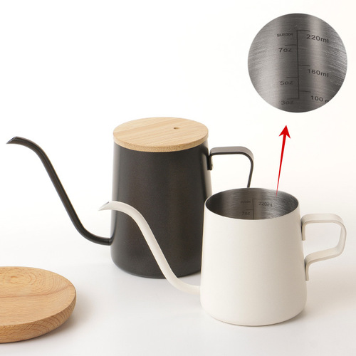 Fully hanging pour-over coffee pot with bamboo lid, engraved scale, 304 stainless steel, precise 4mm pour-over coffee pot with long spout