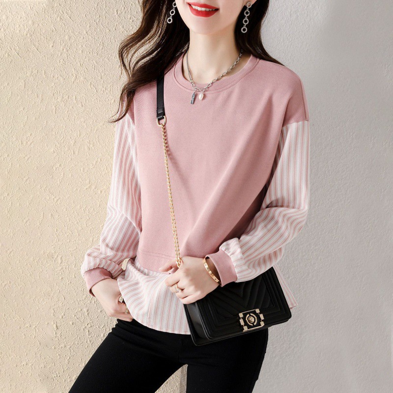 20233 Spring and Autumn New Korean Style Stitching Striped Fake Two-piece Round Neck Sweater Women's Base Shirt Casual Loose Top