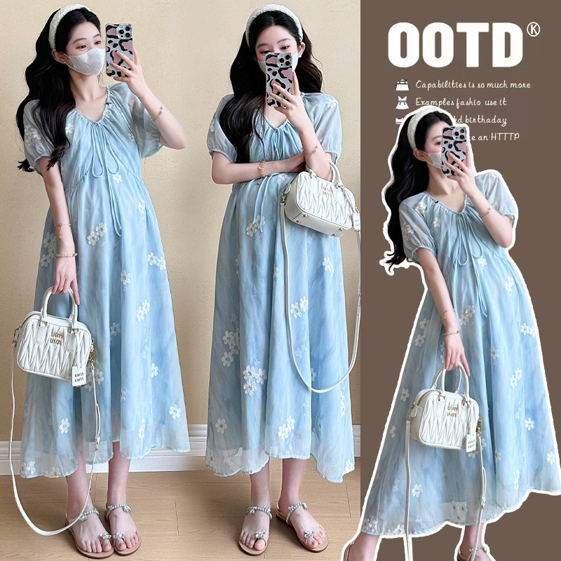 Real Price Pregnant Women's 2025 Summer V Neck Chiffon Embroidered Dress, Elegant, Fresh and Age-Reducing Skirt, Trendy Real Price Pregnant Women's 2025 Summer V Neck Chiffon Embroidered Dress, Elegant, Fresh and Age-Reducing Skirt, Trendy