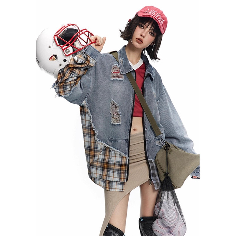 复古格子做旧拼接水洗破洞毛边牛仔外套女秋冬季嘻哈百搭上衣夹克|undefined