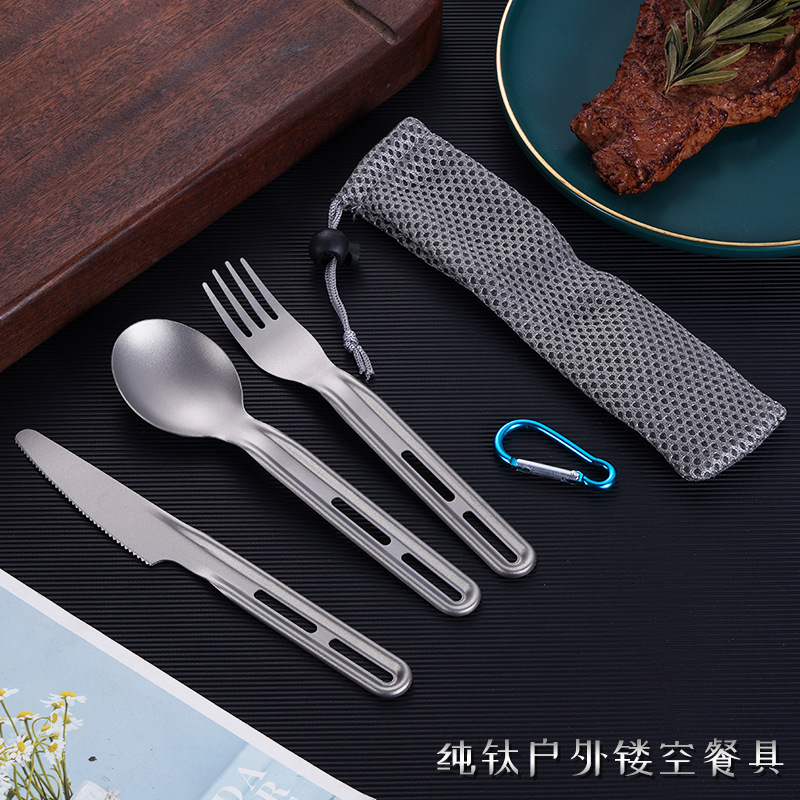 Pure Titanium Outdoor Cutlery Set with Knife, Fork, and Spoon for Picnic, Travel, Portable Tableware for Camping, Soup Drinking, Silicone Case, Storage, Lightweight