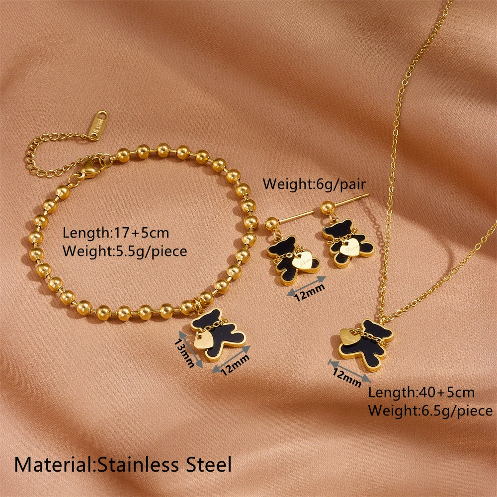 Necklace and bracelet stainless steel, chain, cute set, jewelry heart-shaped, wholesale, with little bears