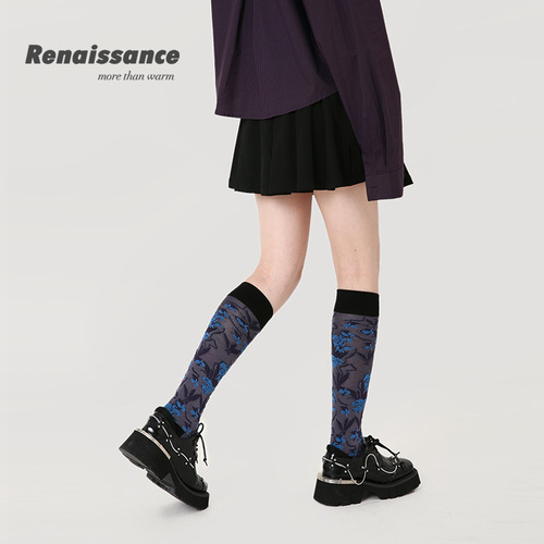 Renaissance original women's socks retro mid-length socks three-dimensional relief calf socks contrasting color slimming knee-high socks for women