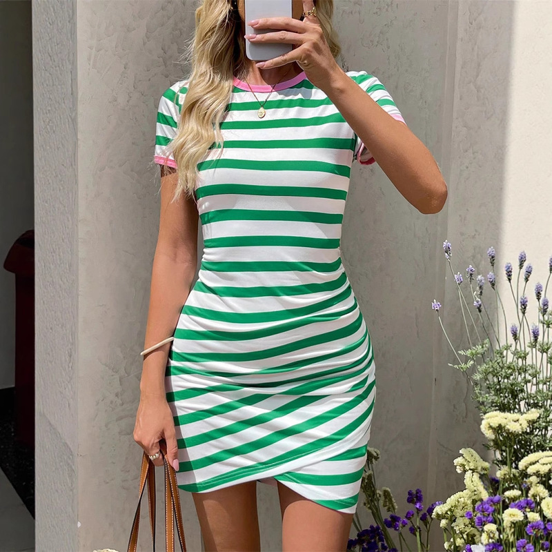 2025 夏の新ヨーロッパとアメリカの半袖ストライプドレス女性のスリムファッションラウンドネックヒップカバーボトム A ラインスカート|undefined