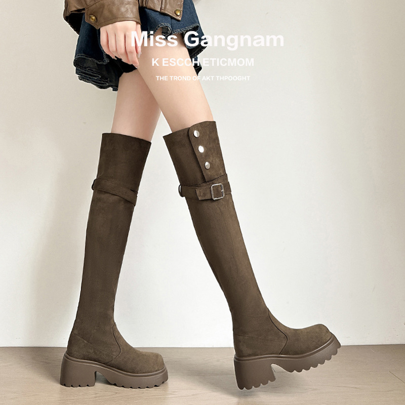 Plus-Size Wide-Leg Over-The-Knee Boots for Women 2024 Autumn and Winter Thick-Soled Stretch Slim Boots Long Riding Boots