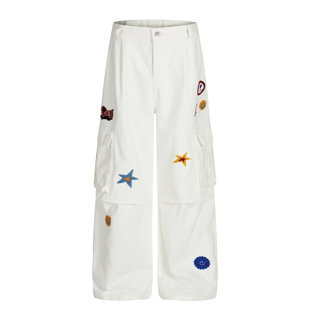 Five-Pointed Star Design Embroidered Loose Wide-Leg Cargo Pants for Men and Women Vibe High Street Trendy Casual Straight Pants White