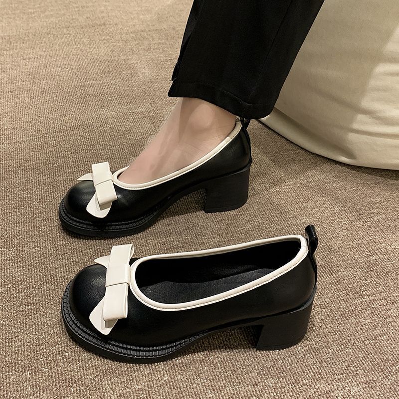 Plus Size Women's Shoes Wide Feet 41 to 43 Mary Jane Thick Heel High Heels Women's Spring & Fall Versatile Bow French Shoes 42