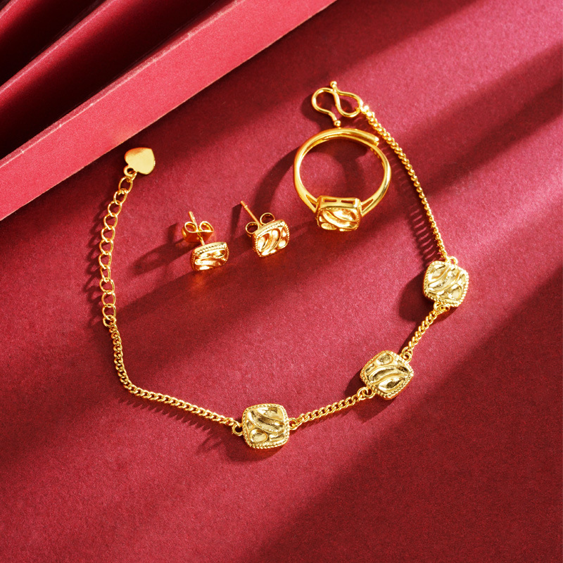 La antigua pulsera de oro de arena francesa de Vietnam no se desvanece durante mucho tiempo, ondas de agua, anillo geométrico cuadrado, pendientes, lujo ligero, joyería simple