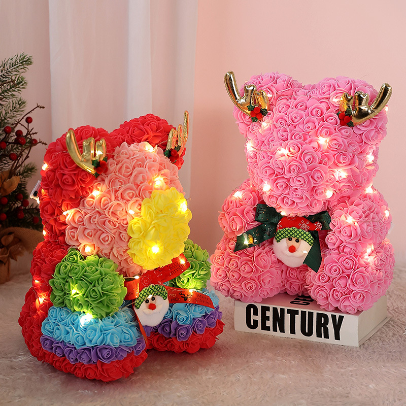 Regalos navideños: Rosa preservada con forma de oso, ideal como regalo de Navidad para niños. Adornos navideños de unicornio con forma de oso y flores de espuma PE. Adornos adorables._voghion.com
