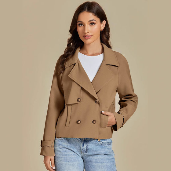 in stock Cross-border Amazon European and American Foreign Trade Women's Short Coat Autumn and Winter Long Sleeve Double-breasted Lapel Casual Jacket