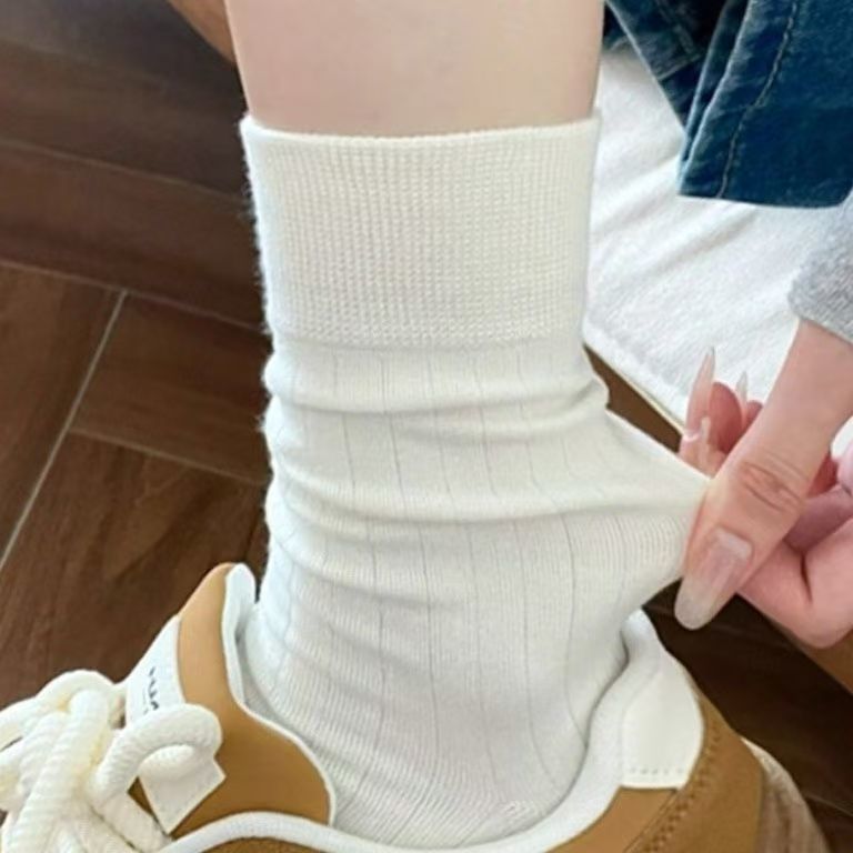 诸暨袜业批发7A纯棉袜子女款四季款中筒袜白色学生纯色堆堆长袜子