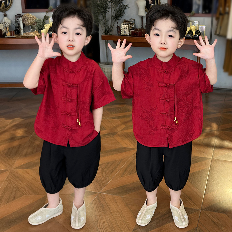 New Boys Summer New Chinese Style Shirt suit Summer Small and Medium-sized Children's National Style Children's Short-sleeved Shirt Two Pieces