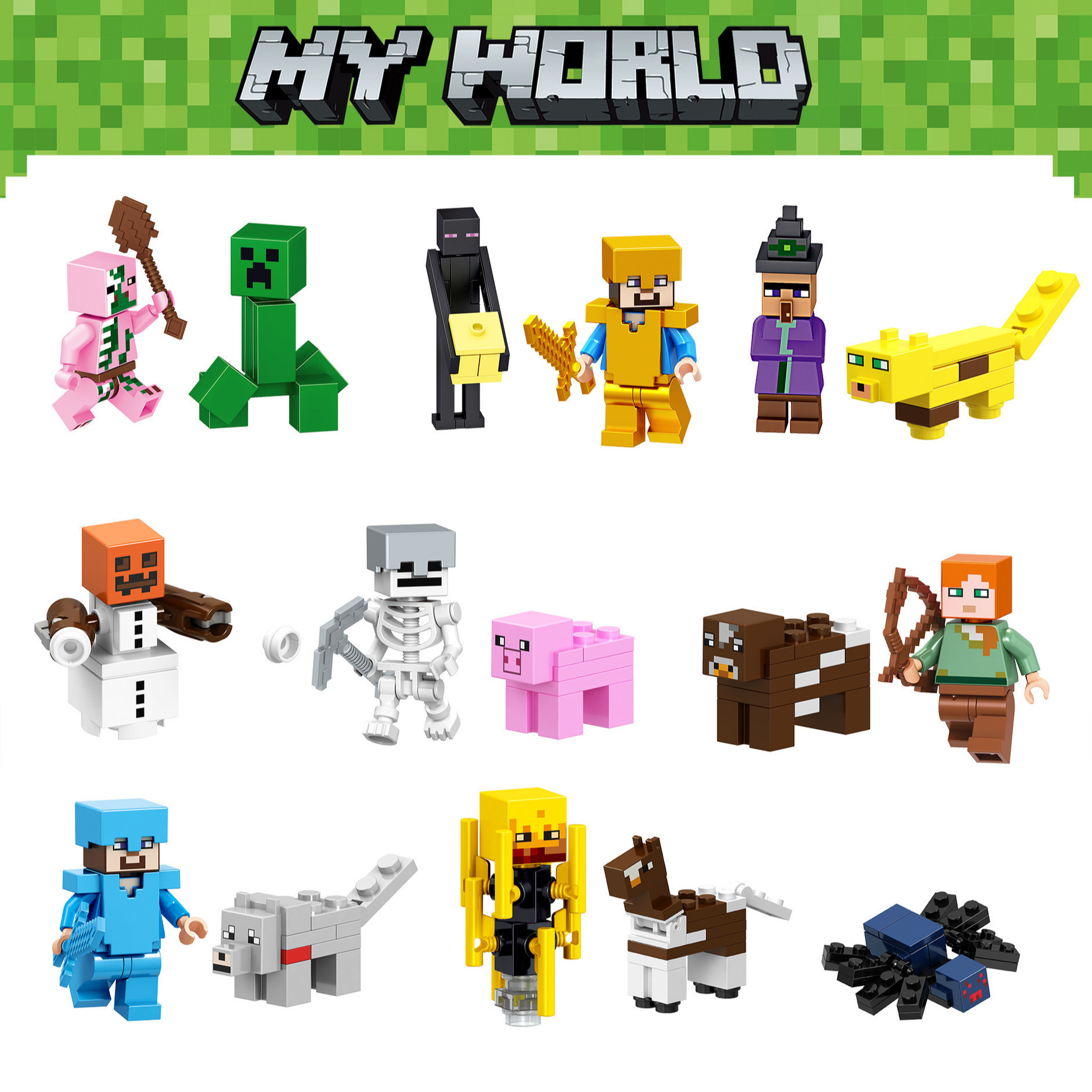 World-Compatible Lego Bricks Sixteen 16-Piece Minifigures Creeper Steve Sword Cross-Border Best-Selling Toys