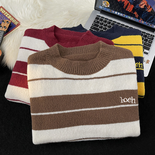 Stylish New Striped Sweater for Men and Women, Couple's Day-Style Retro Color Block Collage Hoodless Crew Neck Knitwear Outerwear