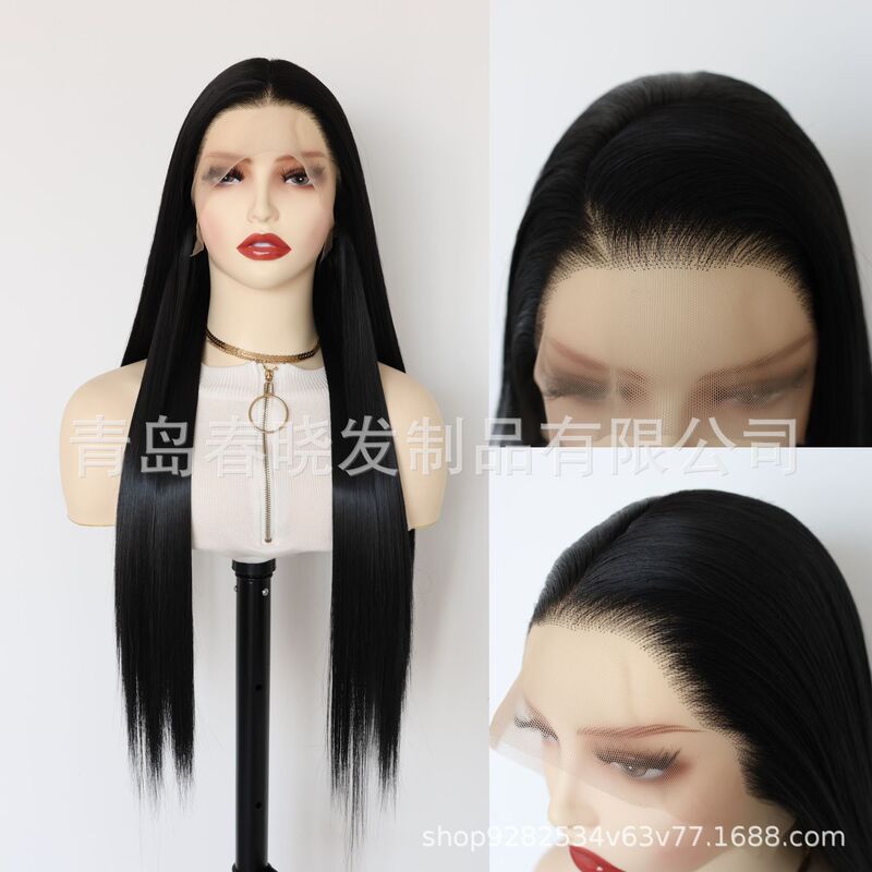 Wig for Women Long Black Straight Hair Chemical Fiber High Temperature Silk Free Partial Lace Wig 13*4 One Piece Dropshipping