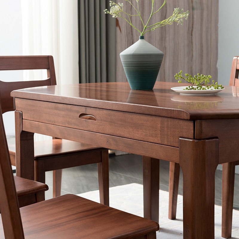 胡桃木實木餐桌椅組合可變圓摺疊吃飯桌子小戶型現代簡約客廳圓桌