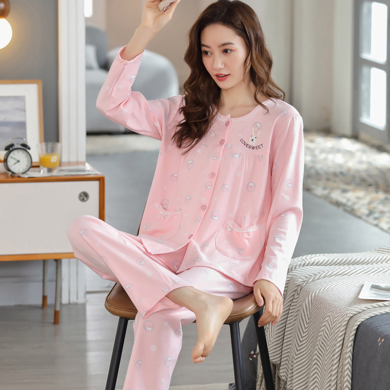 Traje % Pijama de algodón de manga larga impresa casual suelta primavera y otoño delgada ropa de aire acondicionado ropa para el hogar se puede usar fuera