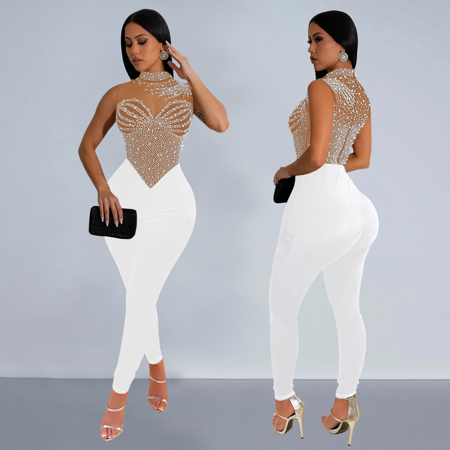 C7168 Aliexpress transfronterizo Amazon Europa y América ropa de moda de mujer de color sólido malla de diamante pantalones nuevos monjes