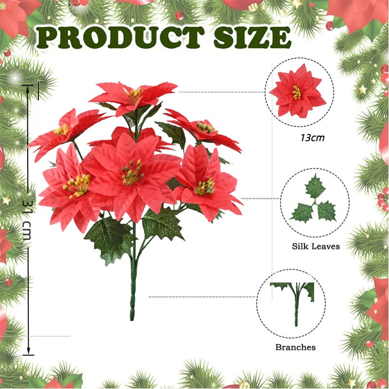 Simulación de flores de Navidad de 7 dientes, decoración de Navidad de flores falsas, actividades de vacaciones, artículos de boda en venta caliente
