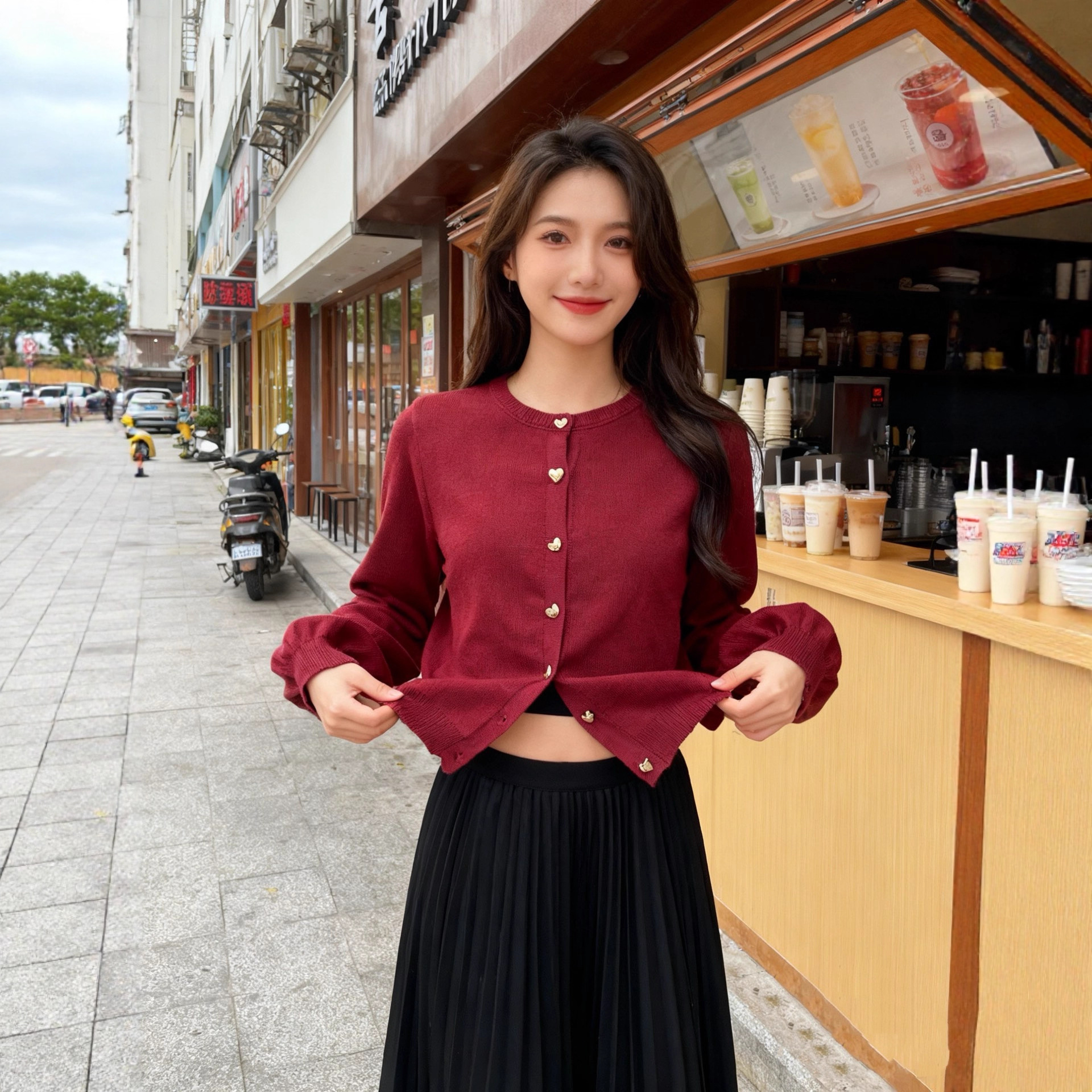 Tweed Style New Year's Wine Red Knitted Cardigan for Women in Autumn and Winter for Small People in Winter with New Sweater Jackets and Tops