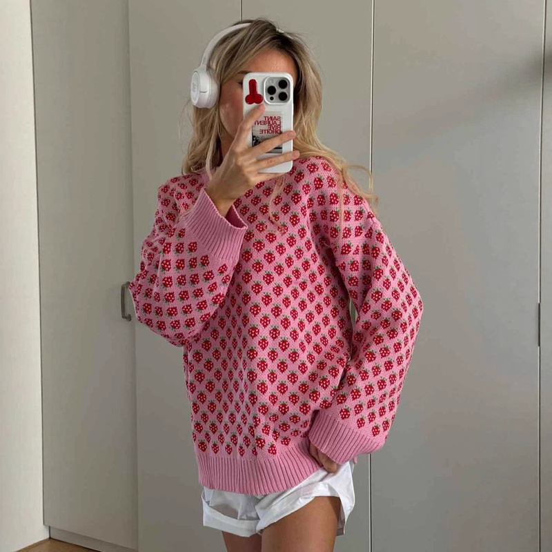 Cross-Border Strawberry Jacquard Sweater European and American 2025 Autumn and Winter New Round Neck Pullover Knitwear Loose Printed Sweater for Women Cross-Border Strawberry Jacquard Sweater European and American 2025 Autumn and Winter New Round Neck Pullover Knitwear Loose Printed Sweater for Women