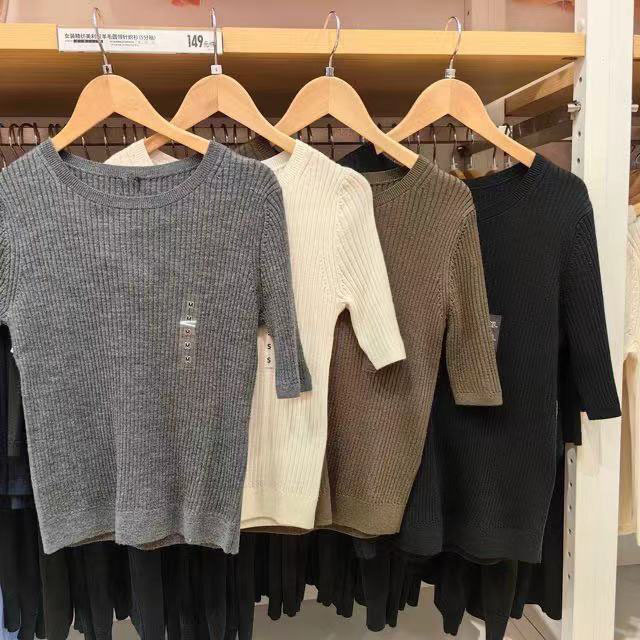 Japanese Single Women's Merino Wool Ribbed Round Neck Knitwear 5-Quarter Sleeve Slimming Look Bottoming Knitwear 471596