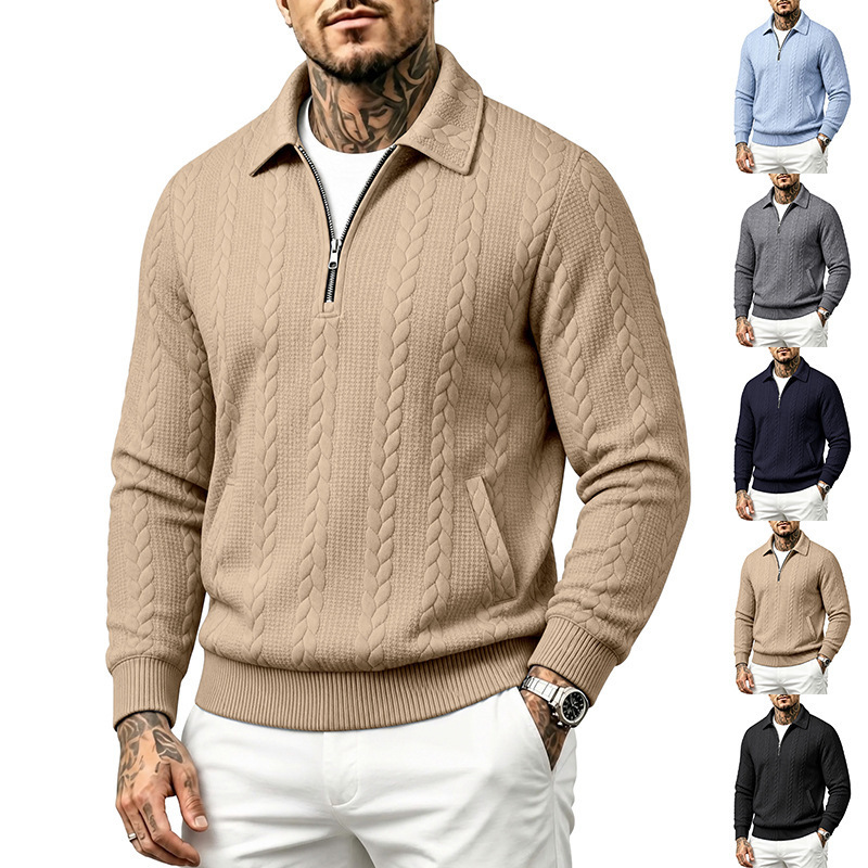 Cross-border Amazon autumn and winter heavy jacquard textured men's casual simple zip-up collar long-sleeve POLO sweatshirt Cross-border Amazon autumn and winter heavy jacquard textured men's casual simple zip-up collar long-sleeve POLO sweatshirt