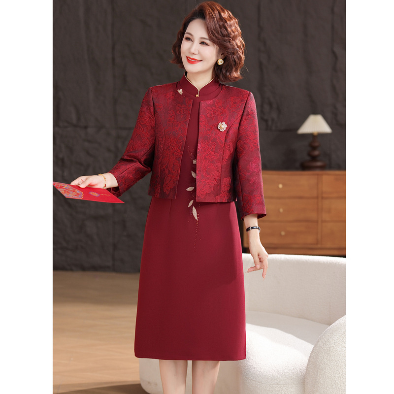 2025年新款秋装酒红色端庄礼服两件套旗袍连衣裙喜婆婆婚宴装