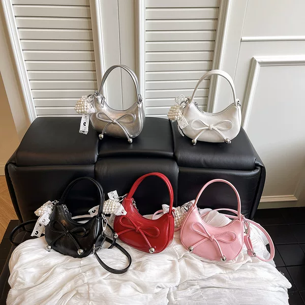 Bow Sweet and Cute Mini Women's Shoulder Handbag Niche High-End Princess Moon Bag Girls Crossbody Bag
