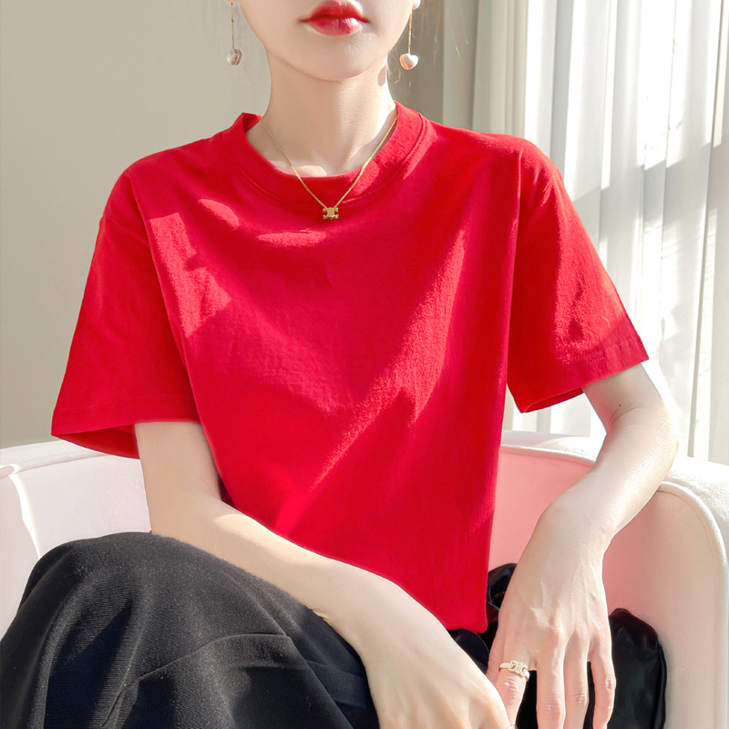 2025년 여름 여성을 위한 쇼핑몰 같은 스타일의 반팔 티셔츠 새로운 스타일의 루즈한 어깨 높은 하이엔드 바닥 노화 방지 흰색 면 탑