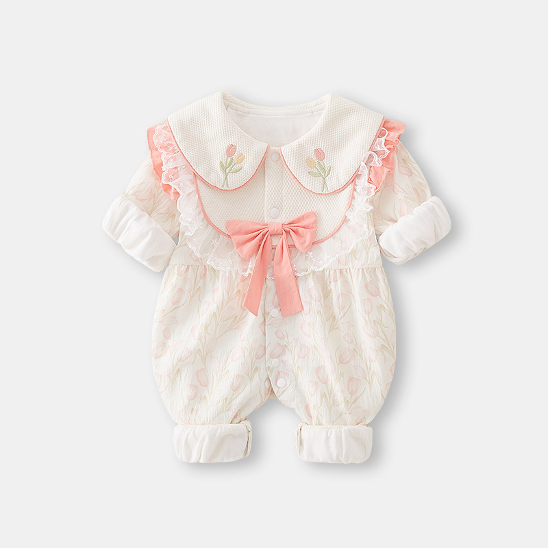 Primavera y otoño nuevo estilo ropa de una pieza para bebés narcisos mangas de linterna recién nacido mameluco de estilo occidental bebé saliendo gatear