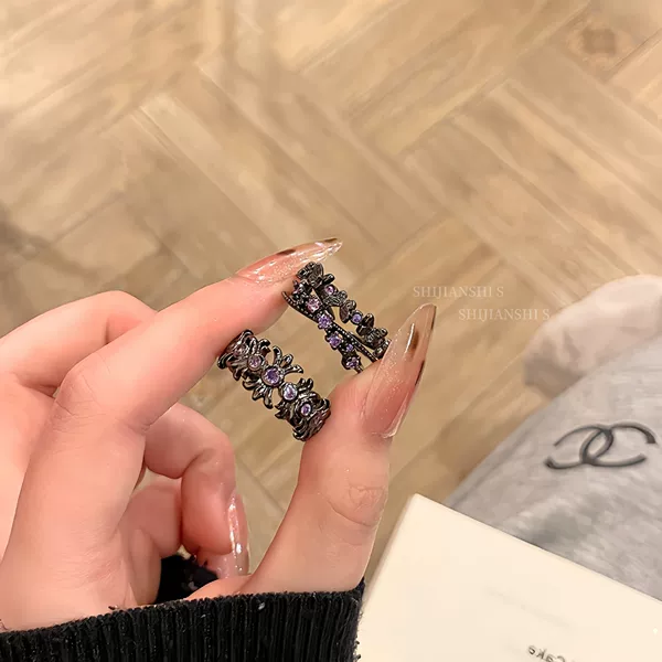 "Purple Vine Moonlight" Cold and Cool Style Double Disc Ring with Intertwined Branches, Sweet and Cool Floral Design, Purple Index Finger Ring Accessory for Women