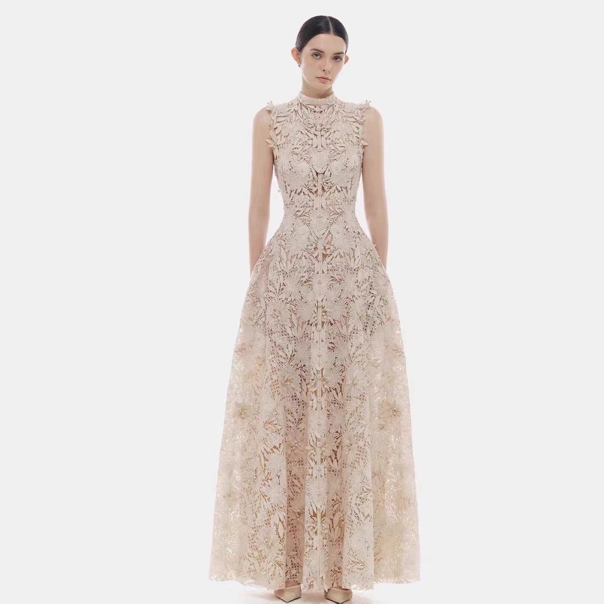 In-Stock Vietnamese Niche Design Floral Lace High-Neck Long Dress, New Elegant and Slim-Fitting Dress 50497