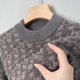 Thickened 100% Sheep Wool Sweater Round Neck Accessible Luxury Floral 550g Jacquard Bottoming Knitted Personalized Men's Wool Sweater