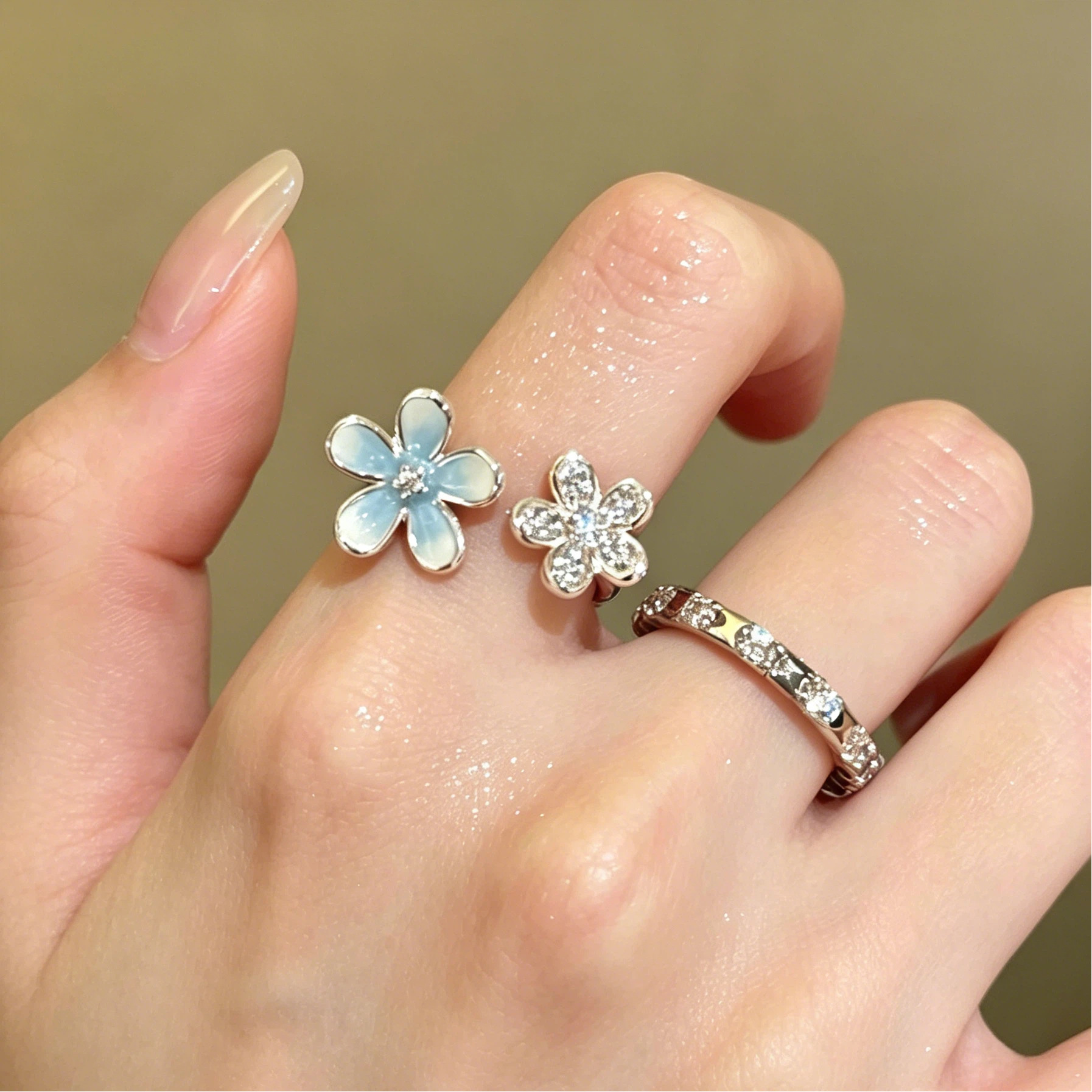 Cross-Border Hand Jewelry Opal Sunflower Sweet Butterfly Open Ring Blue Oil Drop Flower Ring Three-Piece Set