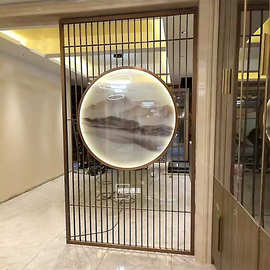 酒店餐厅大堂装饰艺术玻璃圆形屏风隔断 新中式不锈钢山水屏风