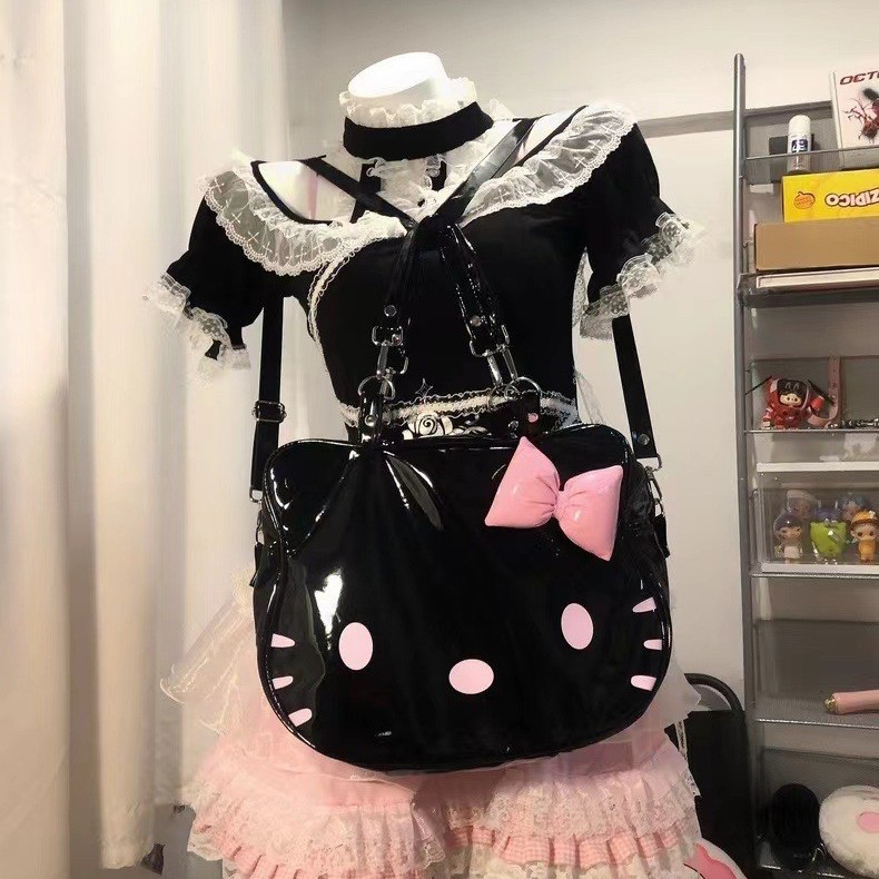 Korean Style Ins Sweet and Cute Black and Pink Kitten Backpack, Unique Niche Design Bag, Cartoon Large Capacity Backpack