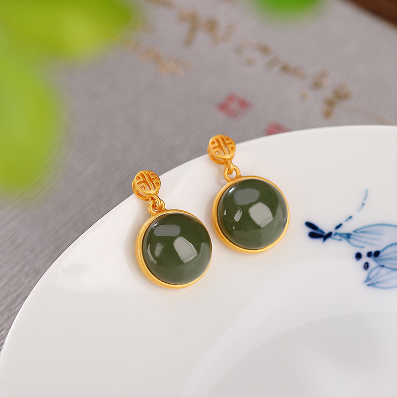 Bông tai nữ bạc S925 mạ vàng đính mã não đỏ và ngọc bích Hetian phong cách cổ điển — Kiểu Sapphire