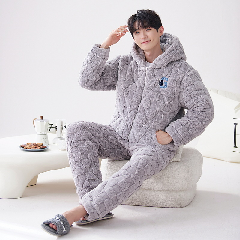 Pijamas de hombre invierno coral polar engrosado forrado de lana de tres capas de algodón acolchado chaqueta otoño e invierno cálido invierno ropa de casa súper gruesa