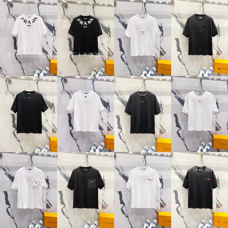 Cross-Border Authentic Luxury Fashion Pra Classic Round-Neck Pure Cotton 260g Short-Sleeve T-Shirt High-Quality Unisex Style